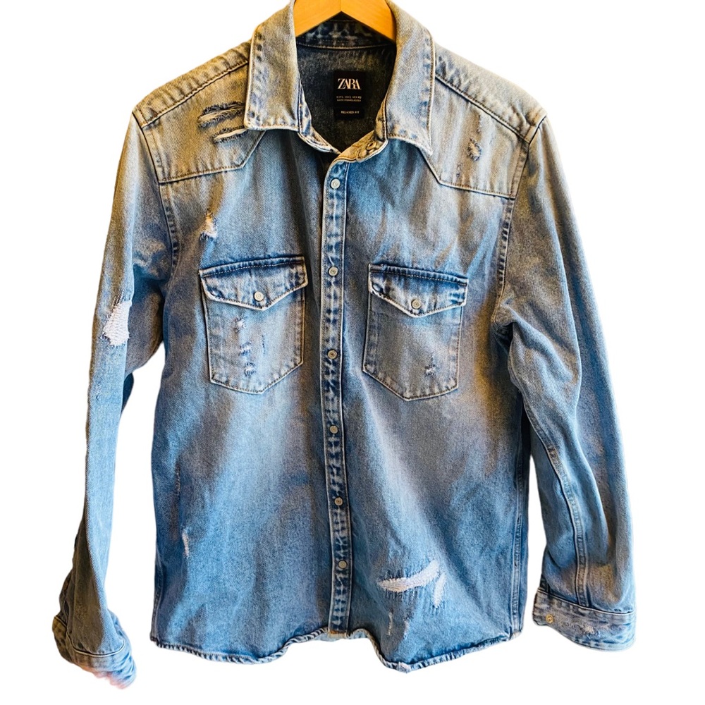 Zara Man Denim Distressed Jacket Relaxed Fit Size Large